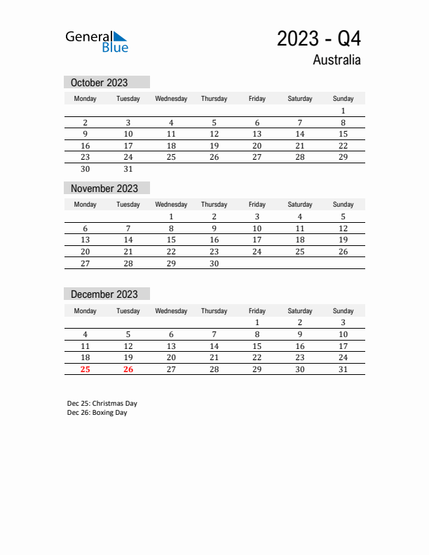 Australia Quarter 4 2023 Calendar with Holidays