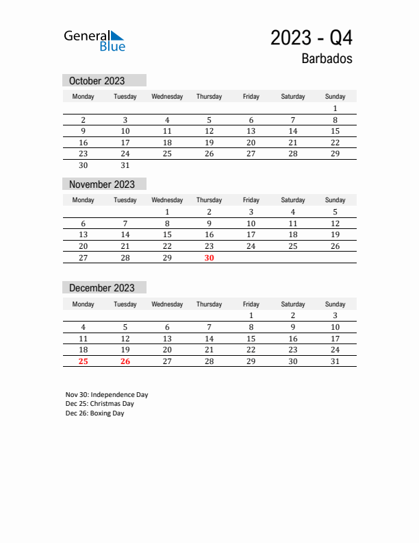 Barbados Quarter 4 2023 Calendar with Holidays