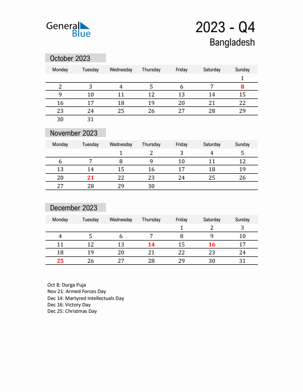 Bangladesh Quarter 4 2023 Calendar with Holidays