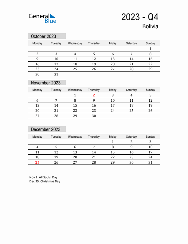 Bolivia Quarter 4 2023 Calendar with Holidays