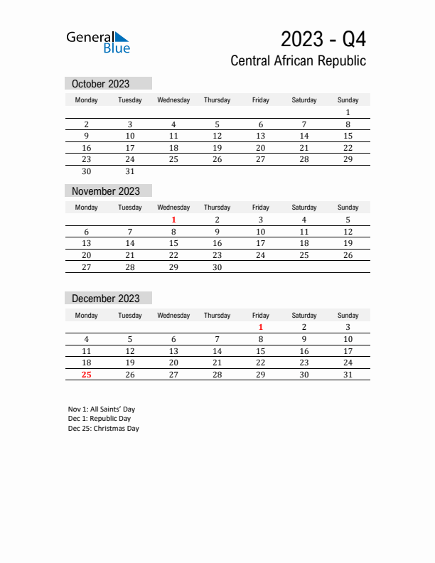 Central African Republic Quarter 4 2023 Calendar with Holidays