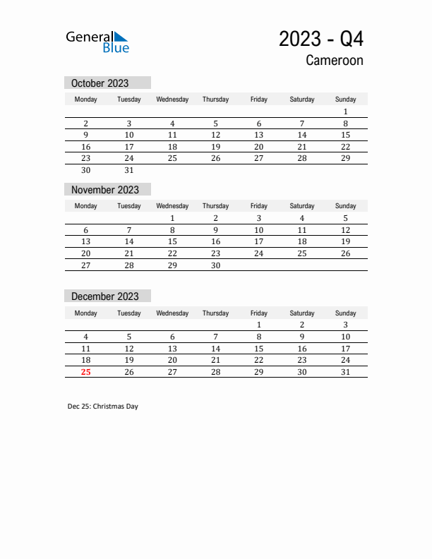 Cameroon Quarter 4 2023 Calendar with Holidays