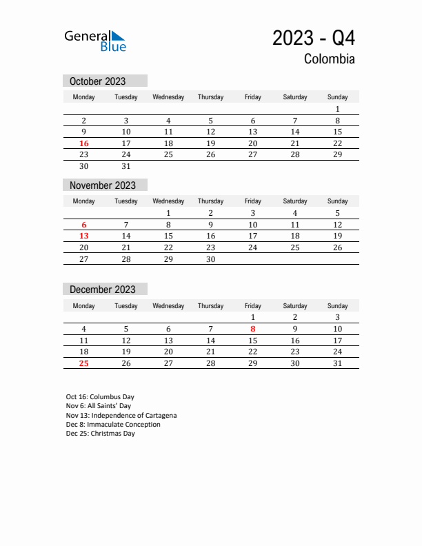 Colombia Quarter 4 2023 Calendar with Holidays