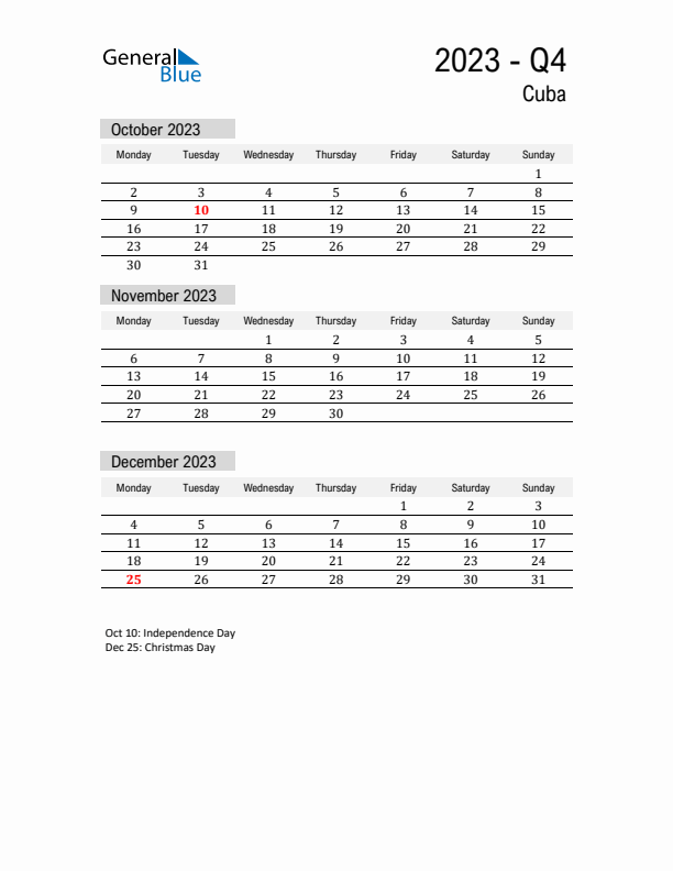 Cuba Quarter 4 2023 Calendar with Holidays