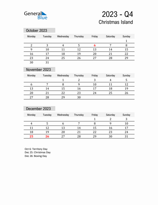 Christmas Island Quarter 4 2023 Calendar with Holidays