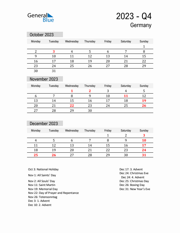 Germany Quarter 4 2023 Calendar with Holidays