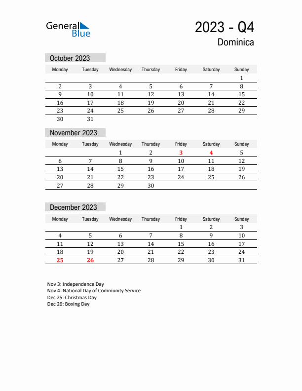 Dominica Quarter 4 2023 Calendar with Holidays