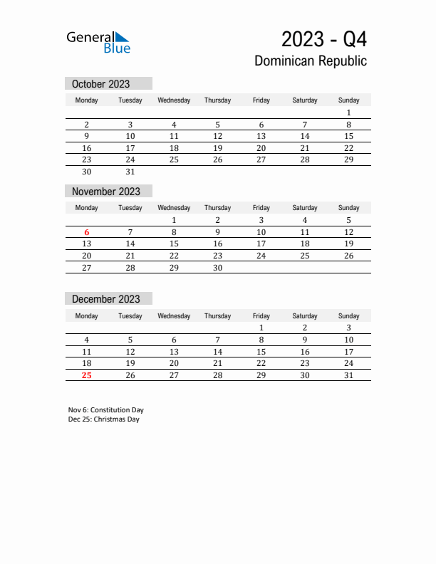 Dominican Republic Quarter 4 2023 Calendar with Holidays