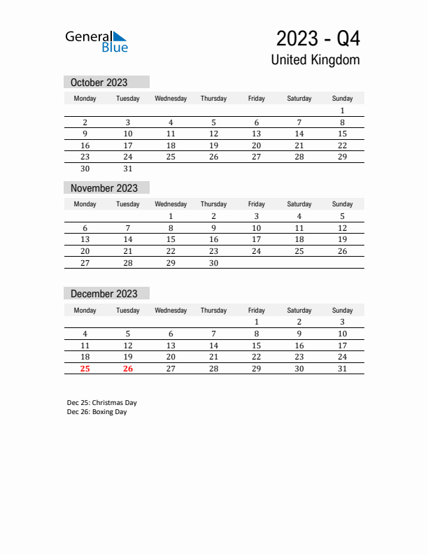 United Kingdom Quarter 4 2023 Calendar with Holidays
