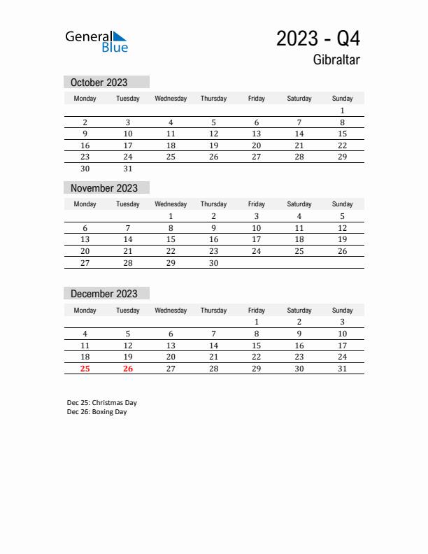 Gibraltar Quarter 4 2023 Calendar with Holidays