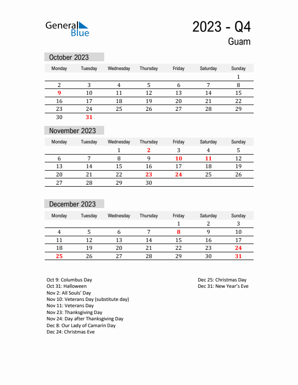 Guam Quarter 4 2023 Calendar with Holidays