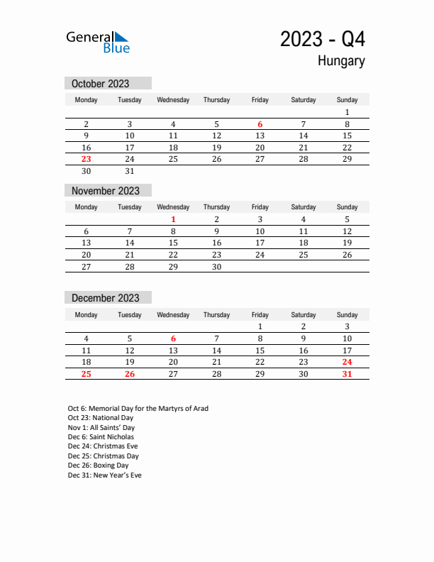 Hungary Quarter 4 2023 Calendar with Holidays