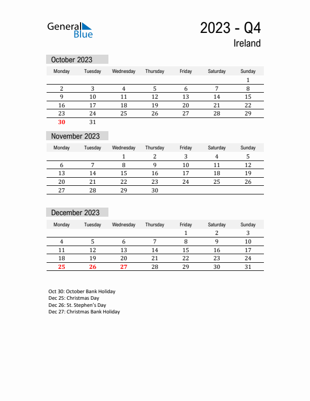 Ireland Quarter 4 2023 Calendar with Holidays