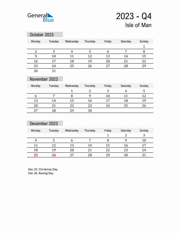 Isle of Man Quarter 4 2023 Calendar with Holidays