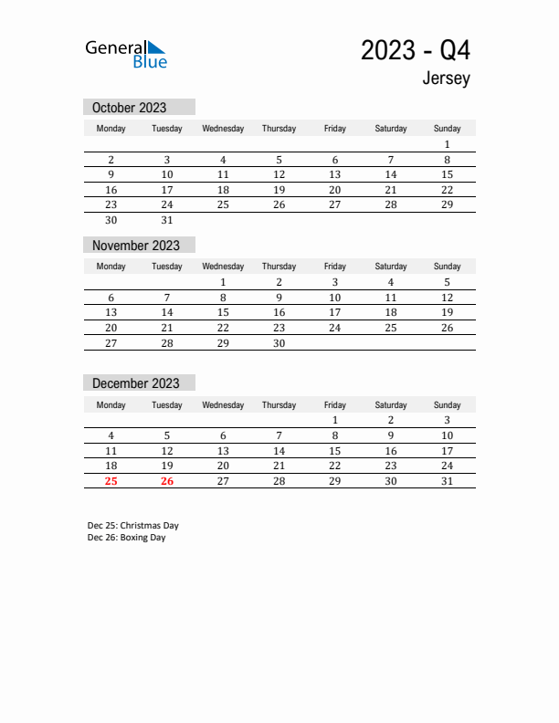 Jersey Quarter 4 2023 Calendar with Holidays