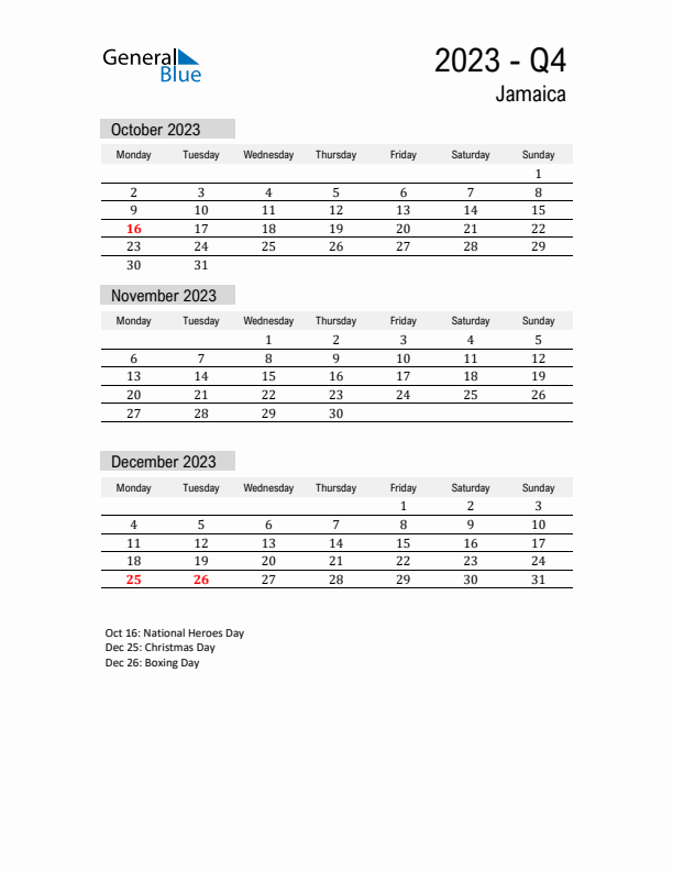 Jamaica Quarter 4 2023 Calendar with Holidays