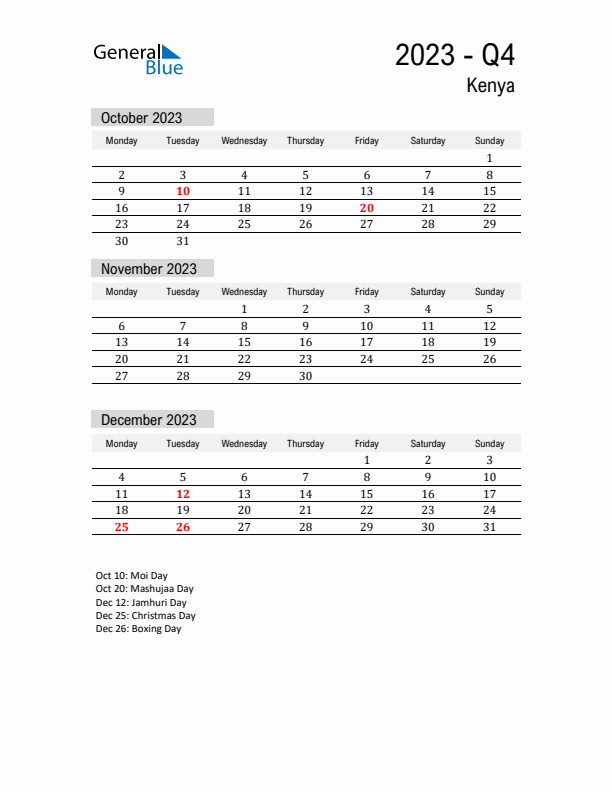 Kenya Quarter 4 2023 Calendar with Holidays