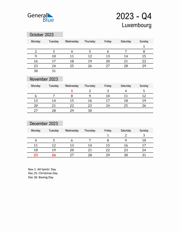 Luxembourg Quarter 4 2023 Calendar with Holidays