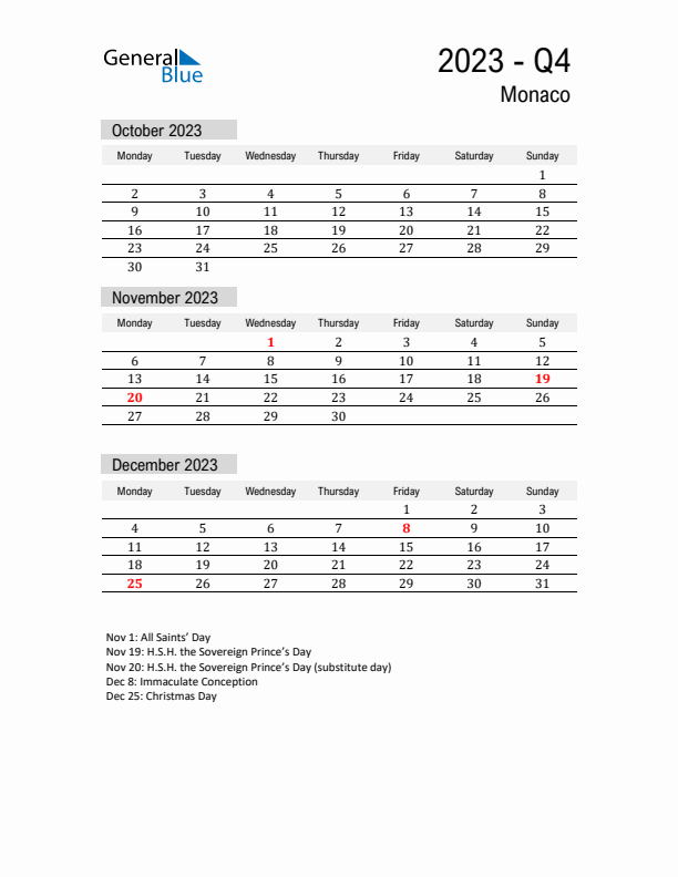 Monaco Quarter 4 2023 Calendar with Holidays