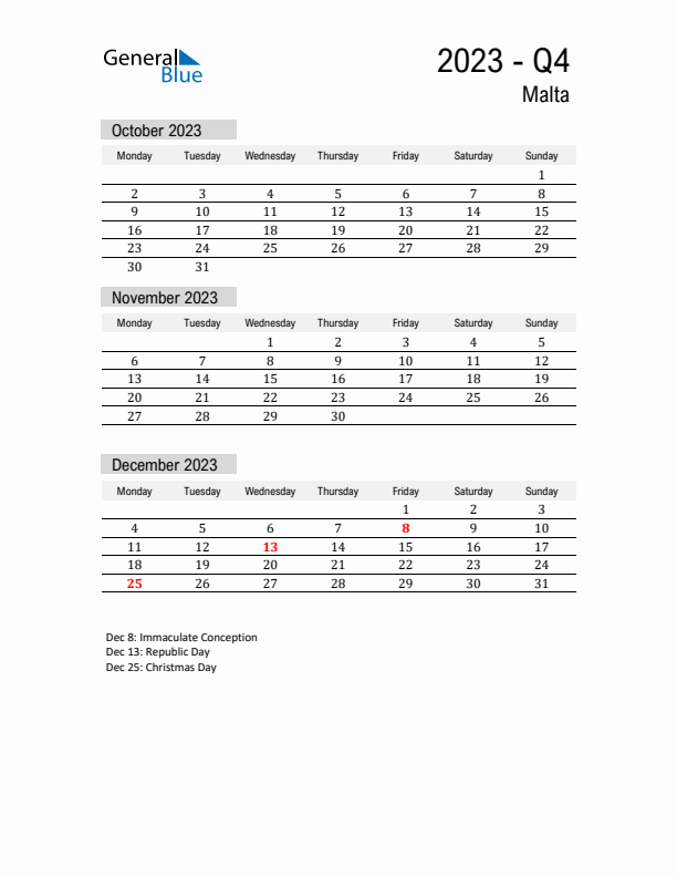 Malta Quarter 4 2023 Calendar with Holidays