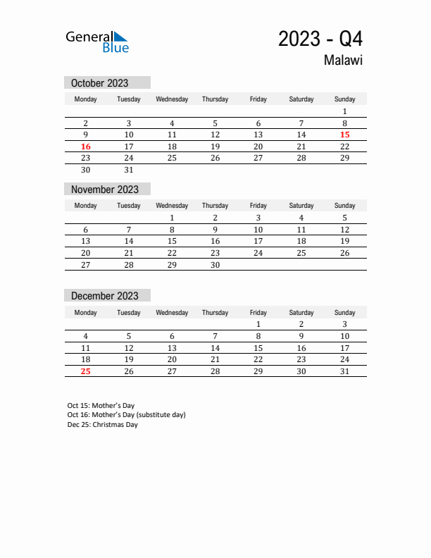 Malawi Quarter 4 2023 Calendar with Holidays