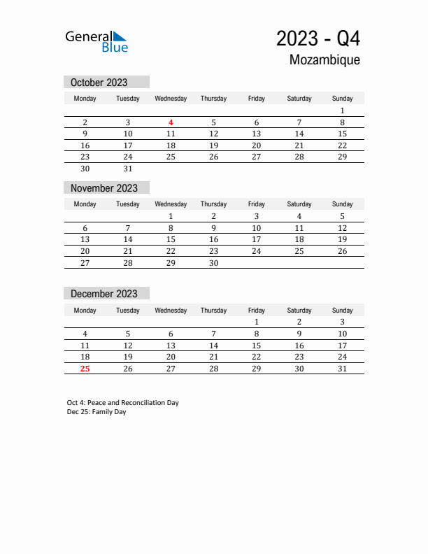 Mozambique Quarter 4 2023 Calendar with Holidays