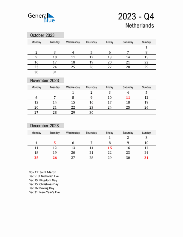 The Netherlands Quarter 4 2023 Calendar with Holidays