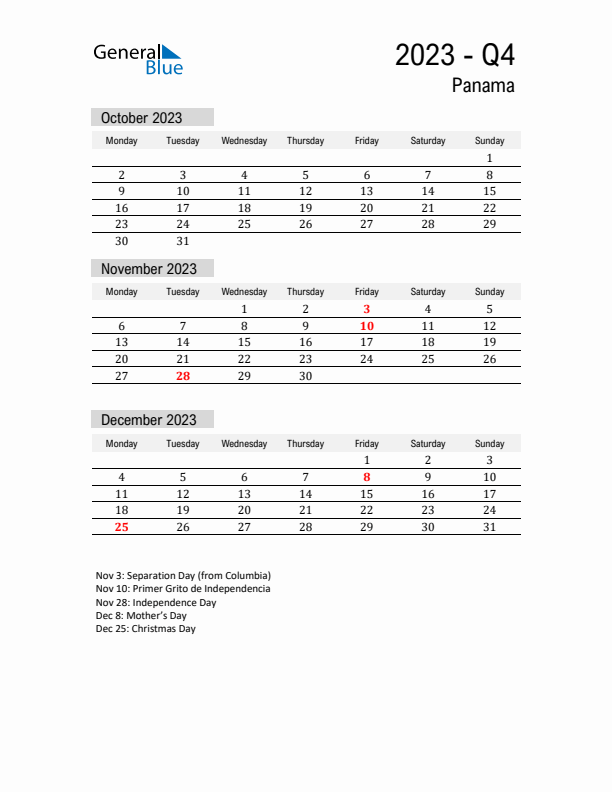 Panama Quarter 4 2023 Calendar with Holidays