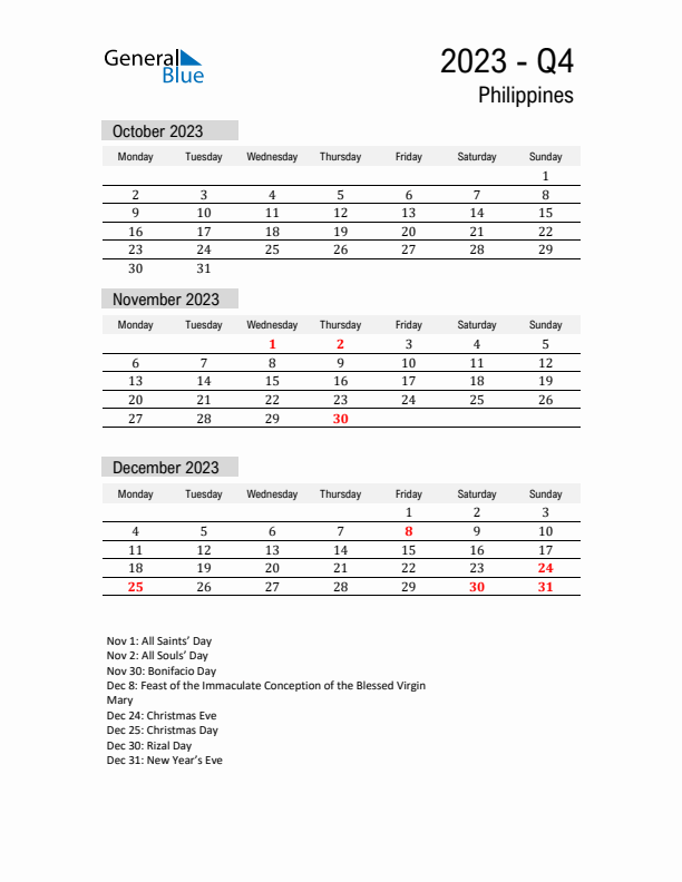 Philippines Quarter 4 2023 Calendar with Holidays