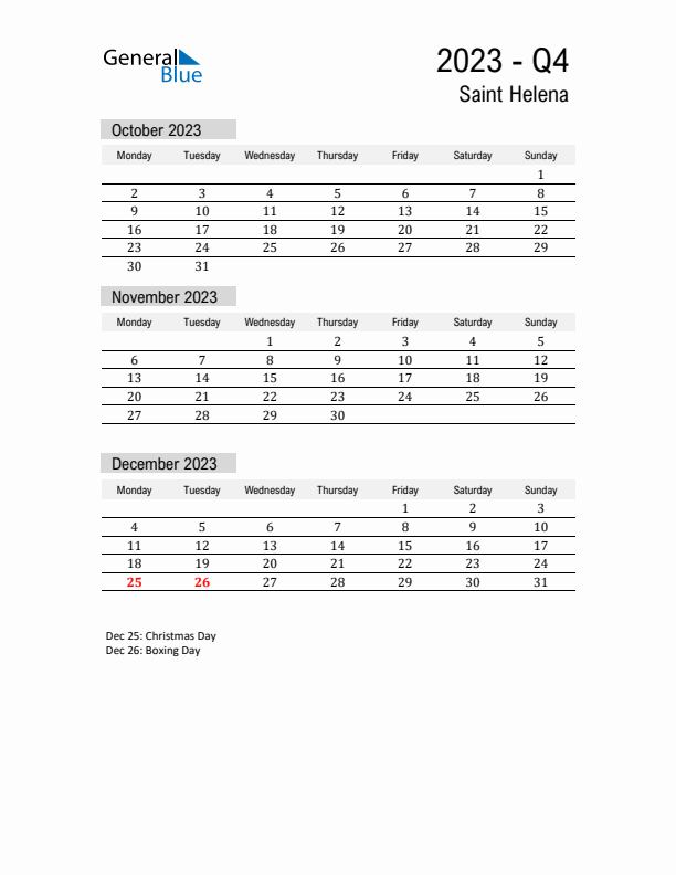 Saint Helena Quarter 4 2023 Calendar with Holidays