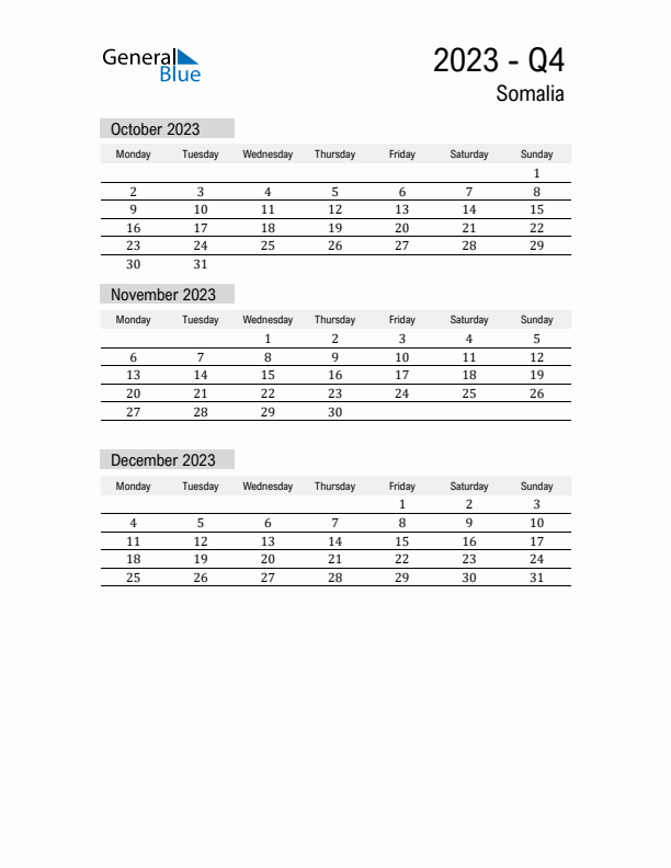 Somalia Quarter 4 2023 Calendar with Holidays