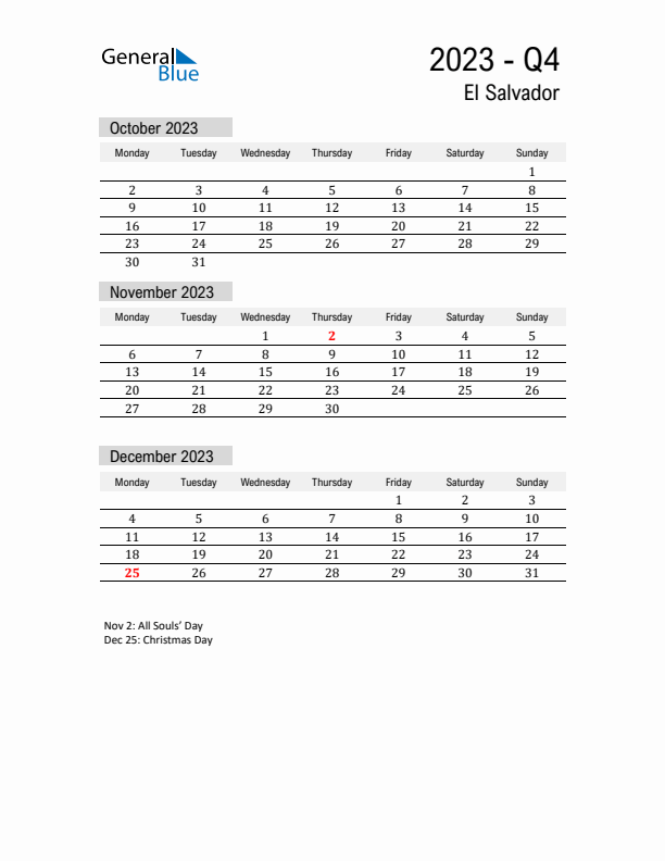 El Salvador Quarter 4 2023 Calendar with Holidays