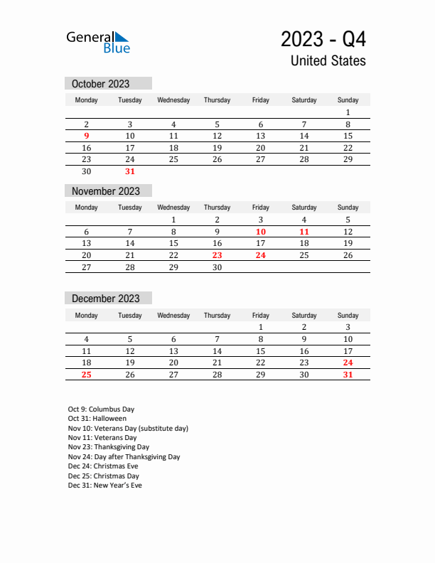 United States Quarter 4 2023 Calendar with Holidays