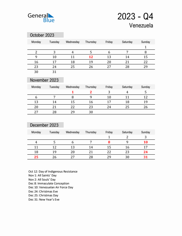 Venezuela Quarter 4 2023 Calendar with Holidays