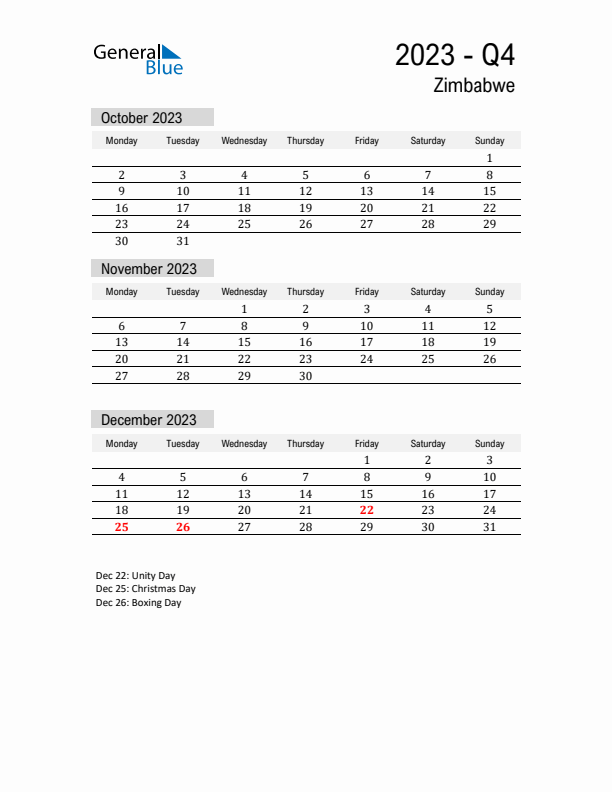 Zimbabwe Quarter 4 2023 Calendar with Holidays