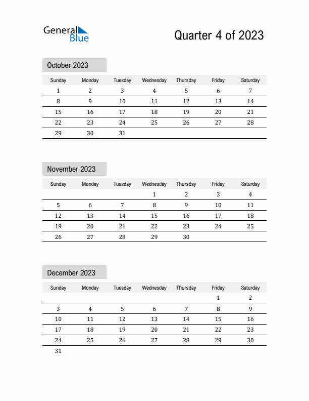 October, November, and December Calendar 2023