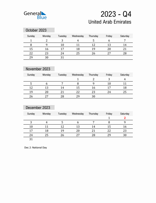 United Arab Emirates Quarter 4 2023 Calendar with Holidays