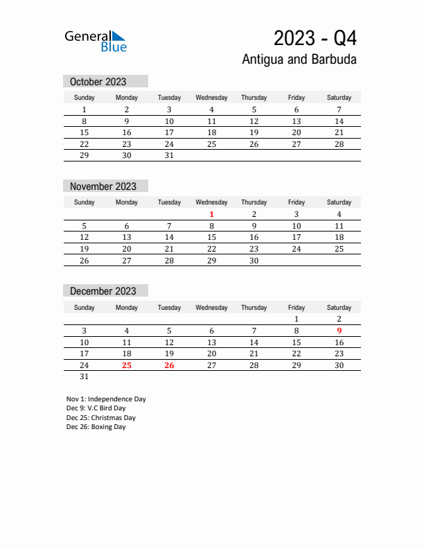 Antigua and Barbuda Quarter 4 2023 Calendar with Holidays