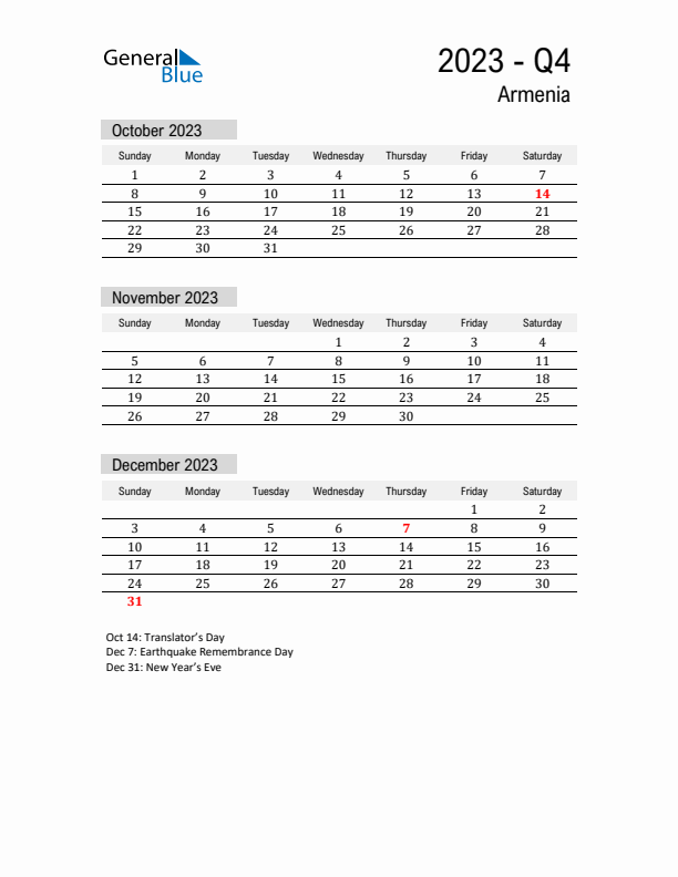 Armenia Quarter 4 2023 Calendar with Holidays