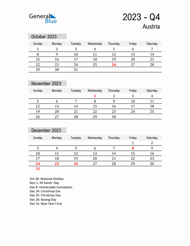 Austria Quarter 4 2023 Calendar with Holidays