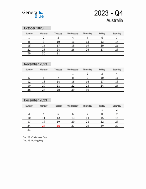 Australia Quarter 4 2023 Calendar with Holidays