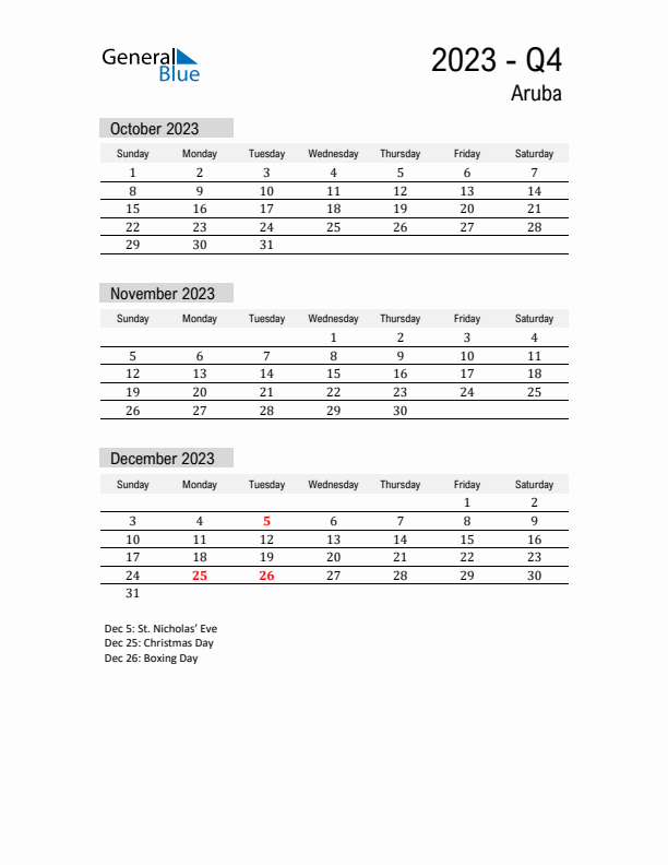 Aruba Quarter 4 2023 Calendar with Holidays