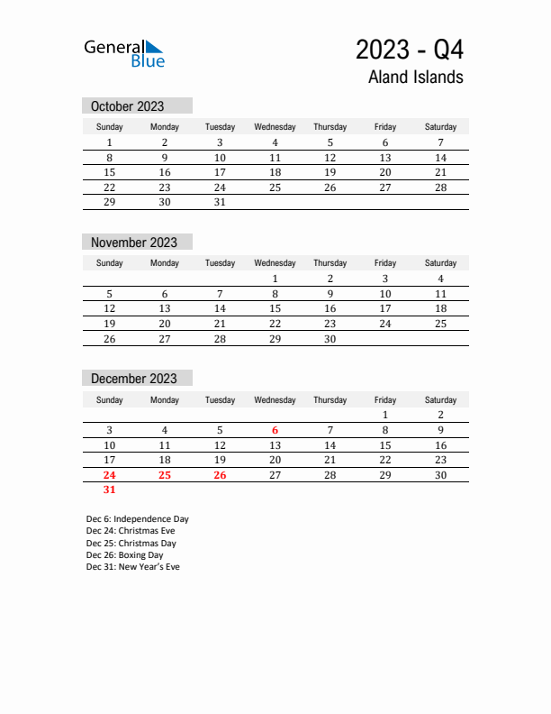 Aland Islands Quarter 4 2023 Calendar with Holidays