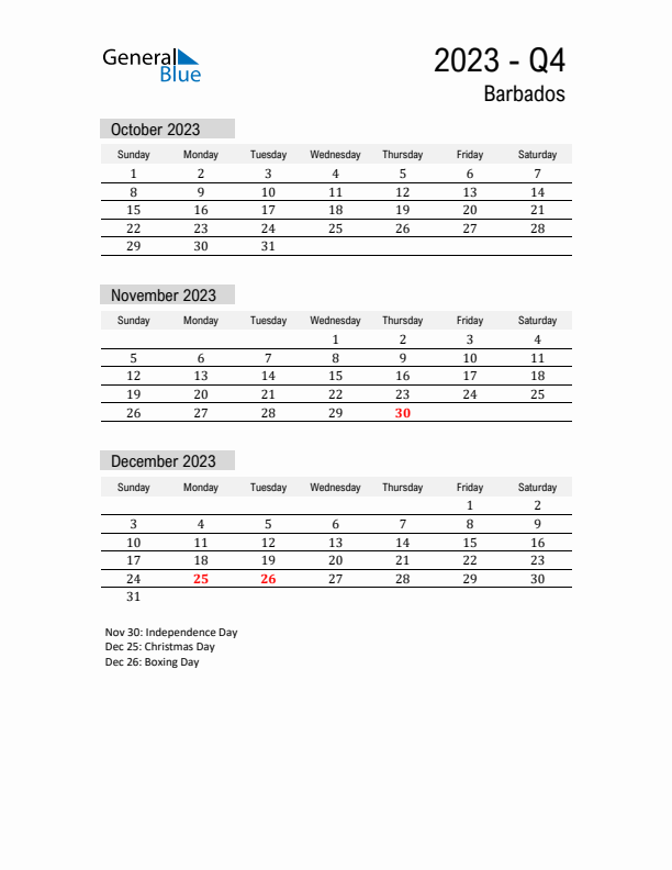 Barbados Quarter 4 2023 Calendar with Holidays