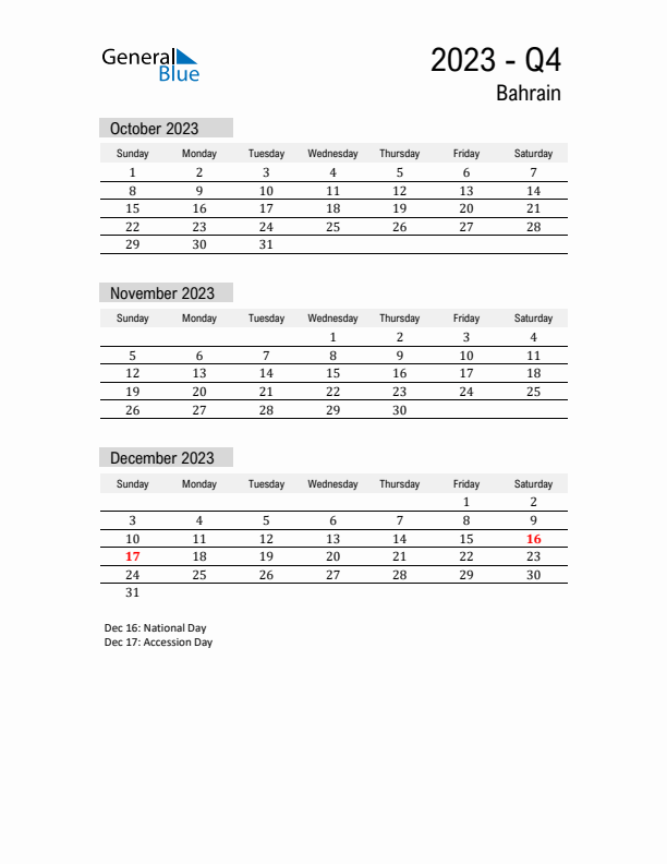 Bahrain Quarter 4 2023 Calendar with Holidays