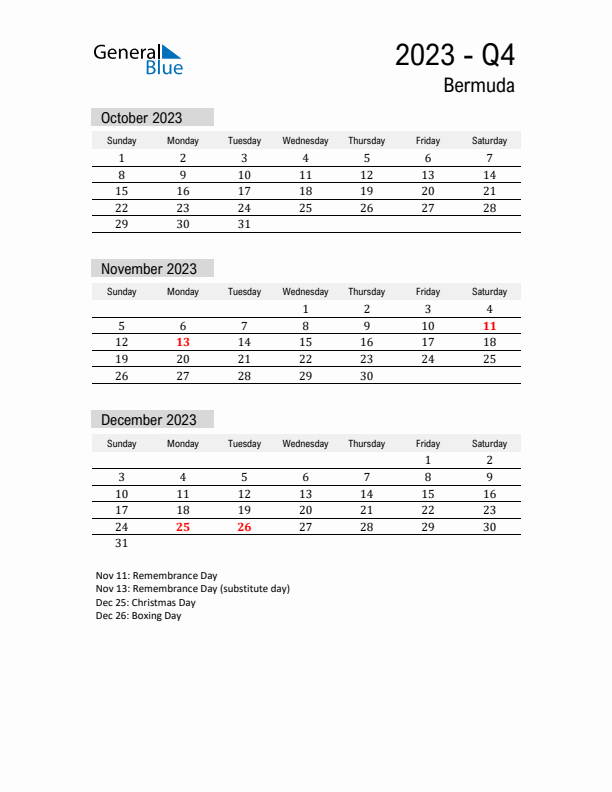 Bermuda Quarter 4 2023 Calendar with Holidays