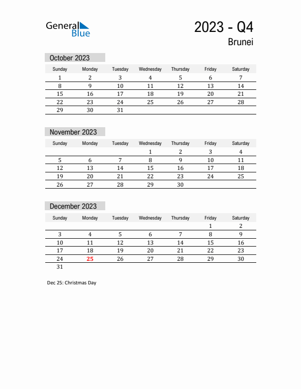 Brunei Quarter 4 2023 Calendar with Holidays