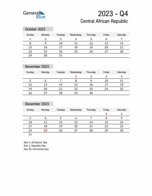Central African Republic Quarter 4 2023 Calendar with Holidays