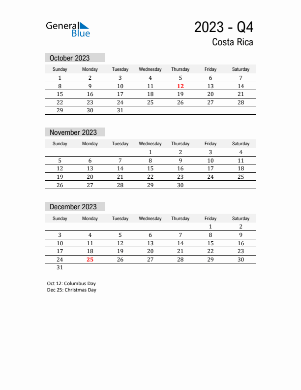 Costa Rica Quarter 4 2023 Calendar with Holidays