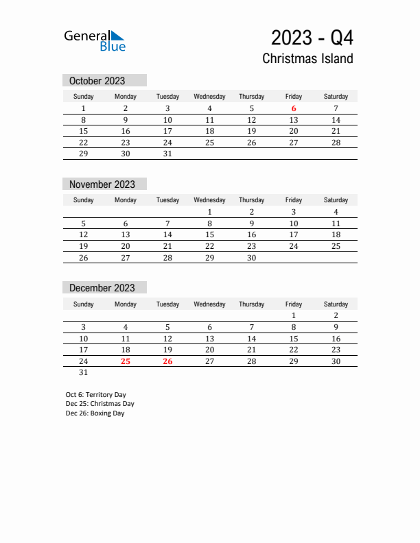 Christmas Island Quarter 4 2023 Calendar with Holidays